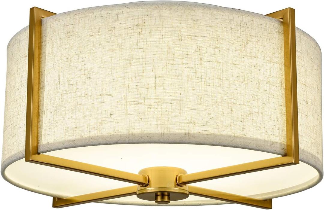Modern Gold Flush Mount Ceiling Light Drum Shade Brass Bedroom Light Fixtures Ceiling