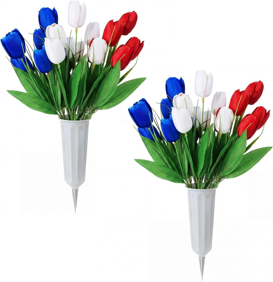 Thiccywoov 2 Sets Memorial Day Flowers for Cemetery Artificial Patriotic Cemetery Flowers for Grave Red White Blue Tulips with Vase for Independence Day Veterans Grave