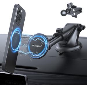 PROfezzion Suction Cup & Vent Clip Combo Magnetic Phone Holder Compatible with MagSafe on Car Dash, Windshield or Vent for iPhone 17 16 15 14 13 Pro Max, Mag-Safe Case & All Phones [Telescopic Arm]