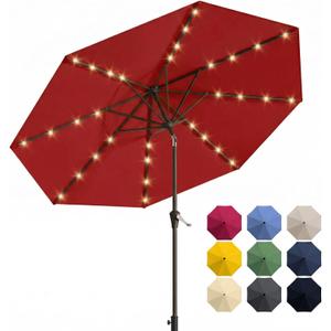 Patio Kingdom 10FT Solar Patio Umbrella with Lights, Outdoor Table Market Umbrella with 32 LED Lights, 8 Sturdy Ribs, Push Button Tilt and Crank for Pool, Deck and Garden, UV-Resistant, Red