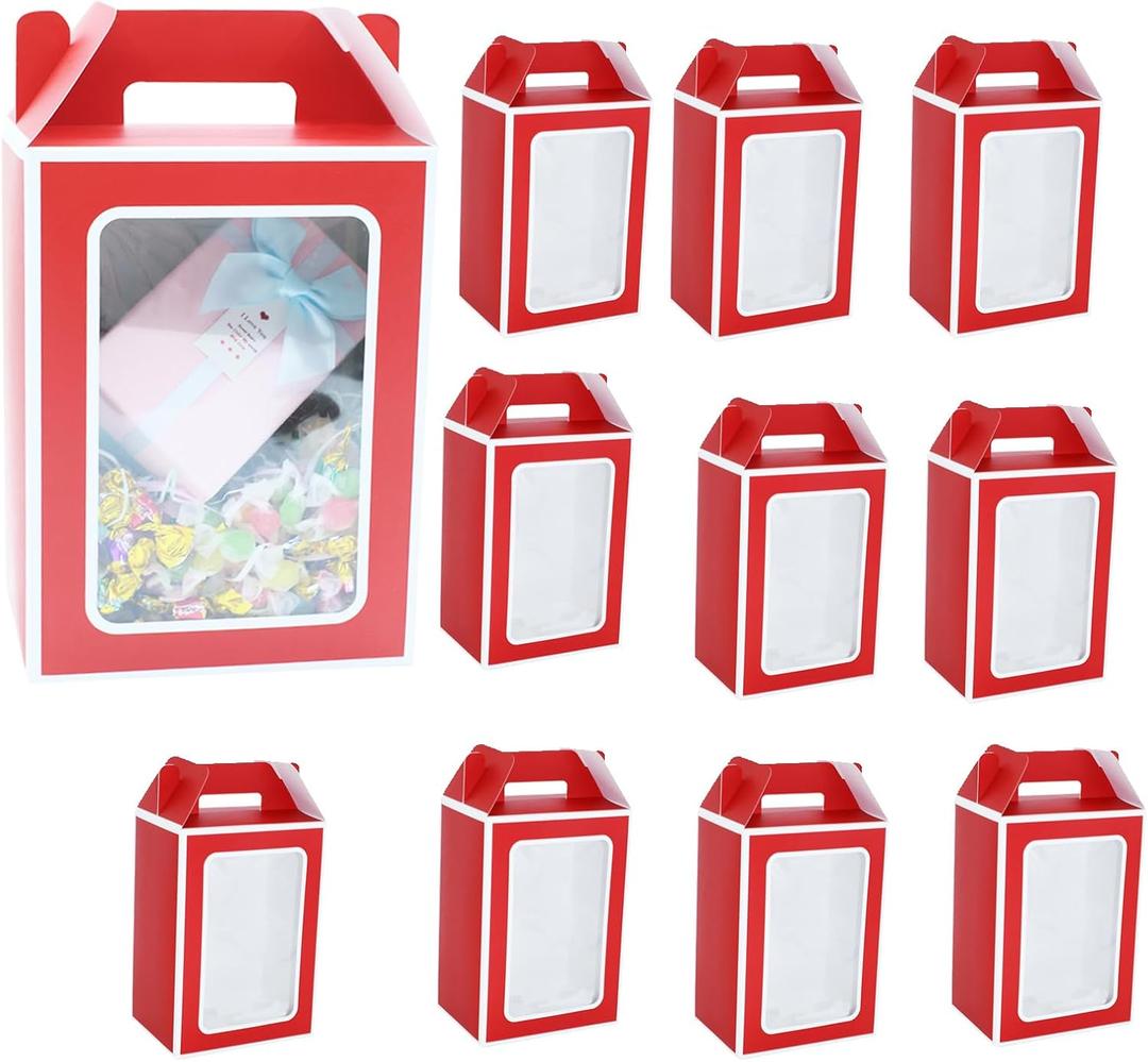 KNNSRE 12 Pcs Clear Gift Bags with Transparent Window Gift Boxes Candy Boxes Flower Boxes 9.8x5.1x7.1 Inch Medium Paper Bags with Handle For Party Business Birthday Wedding Present (RED)
