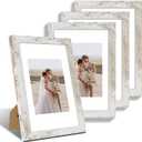 Hongkee 8x12 Picture Frame Set of 4, Made of Glass and Distressed White Wooden Frame - Display 6x8 Picture with Mat or 8 x 12 Poster Without Mat, 8 by 12 Photo for Wall or Tabletop