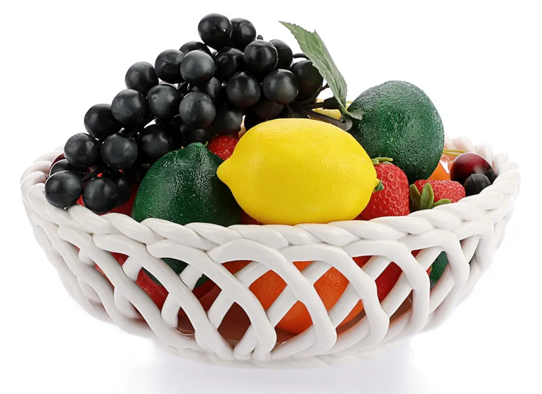 OwnMy Ceramic Fruit Bowl for Kitchen Counter, Decorative Round Ceramic Fruit Basket for Fridge and Home Decors, Large White Fruit Bowl Holder for Kitchen Countertop