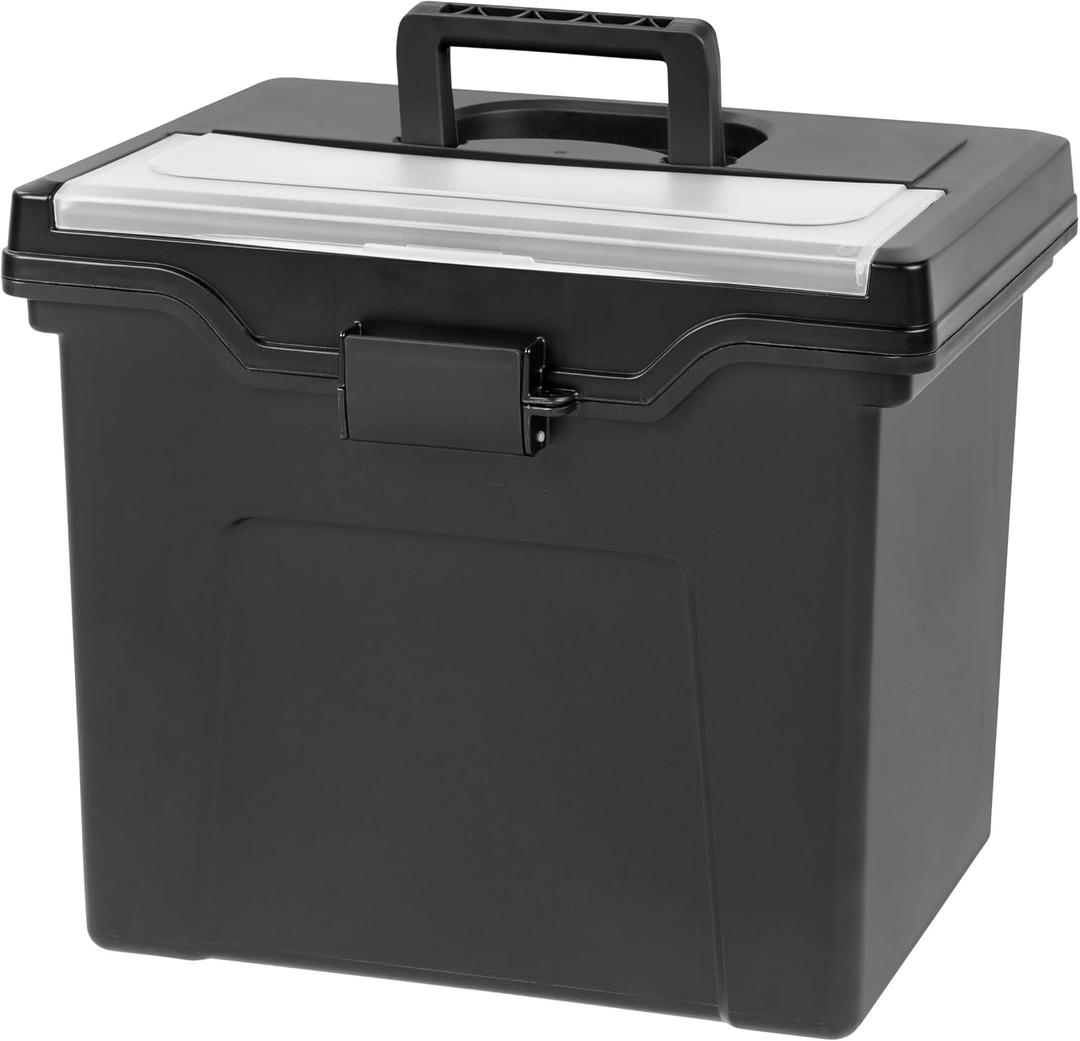 IRIS USA File Box with Lid File Organizer for Letter File w/Organizer-Lid, Plastic Mobile Filing Organizer, Water Resistant Document Box, Portable File Box with Handle, Secure Buckle, Lockable, Black, Single 
