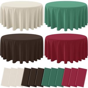 12 Pcs Plastic Christmas Tablecloth Round Bulk, Disposable Beige Brown Green & Wine Red Party Tablecloth, Xmas Table Cover for Picnic Birthday Christmas Party Supplies, 84x84 Inch