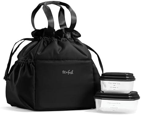 Fit & Fresh Cromwell Drawstring Lunch Bag for Women, Complete Lunch Set with 2 Containers, Stain-Resistant, Leak-Resistant, Back to School Essential, Teacher Lunchbox, Black