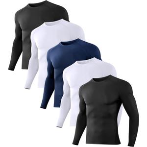 Dalavch 1/5 Pack Mens Compression Shirts Long Sleeve Athletic Workout Rash Guard Gym Active Sports Undershirt Base Layer Top (XX-Large, 2 Black 2 White 1 Blue)