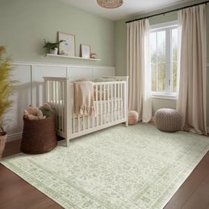 Sage Green Area Rug for Bedroom Neutral Boho Farmhouse Floral Distressed Design 5x8 Rug with Washable No Slip Soft 5 by 8 Area Rugs for Living Room Home Office Dining Room Carpet for Under Table