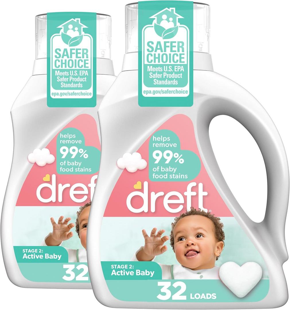 Dreft Active Baby Liquid Laundry Detergent, Helps Remove 99% of Baby Food Stains, Hypoallergenic, 2 pack, 32 loads each (46 Fl Oz (Pack of 2))