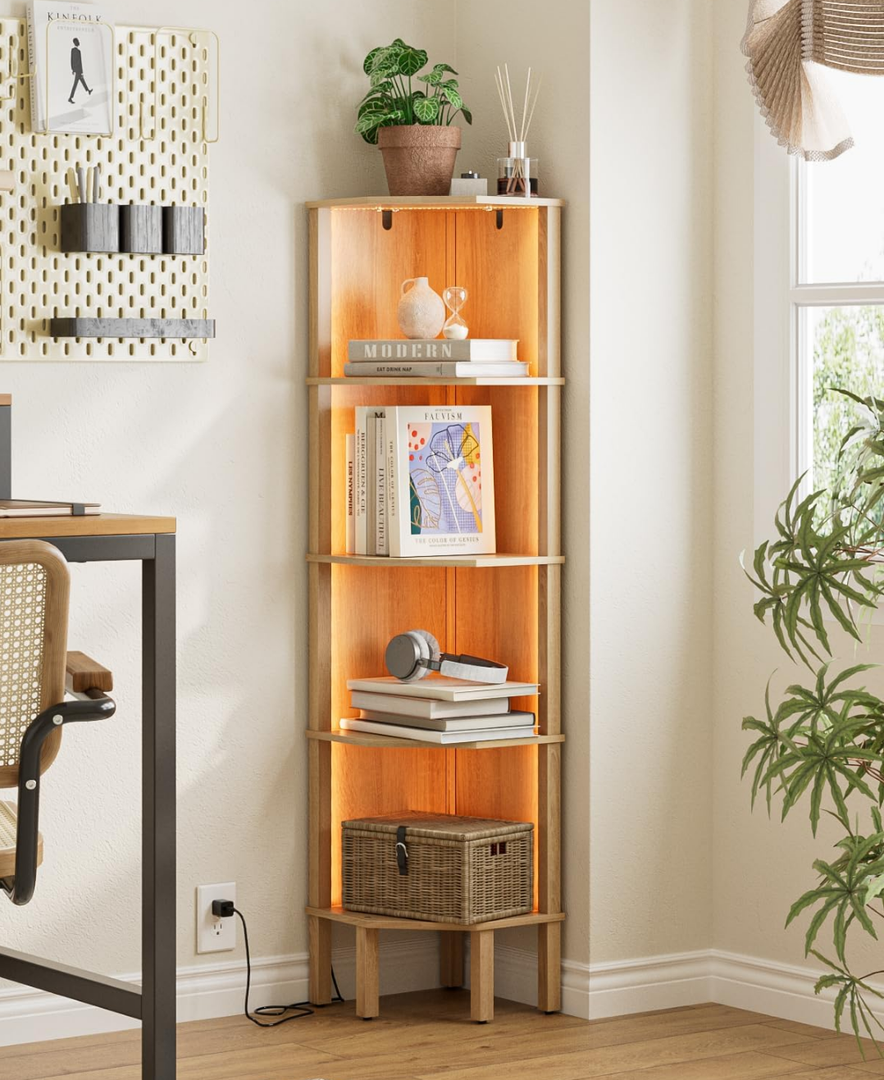 Apetaccat Corner Shelf Stand, 5 Tier Corner Bookshelf with Led Light,Corner Furniture for Bedroom Display Corner Shelf for Small Space,Wood Shelves with Storage Rack for Living Room,Office,White