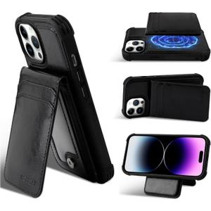MONASAY Magsafe Wallet Case Compatible for iPhone 15 Pro 6.1 inch, [Supports Wireless Charging] [Screen Protector] Magnetic Leather Phone Cover with Detachable RFID Blocking Card Holder, Black