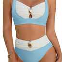 Blooming Jelly Womens High Waisted Bikini Sets Tummy Control Swimsuits Color Block Two Piece Bathing Suit Retro Swimwear (Large)