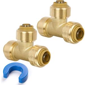 1/2" Push to Connect Tee for PEX, Copper, CPVC Pipe, Lead-Free Brass Plumbing Fitting with Upgraded Stiffener with Disconnect Clip(2 Pack) (1/2"-2Pack)