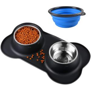Bonve Pet Double Dog Food Bowls Stainless Steel & Water Dish with No-Spill and Non-Slip Silicone Mat, Removable Puppy Feeder Bowls for Small Medium Size Cat Dogs Kitten 14oz Black