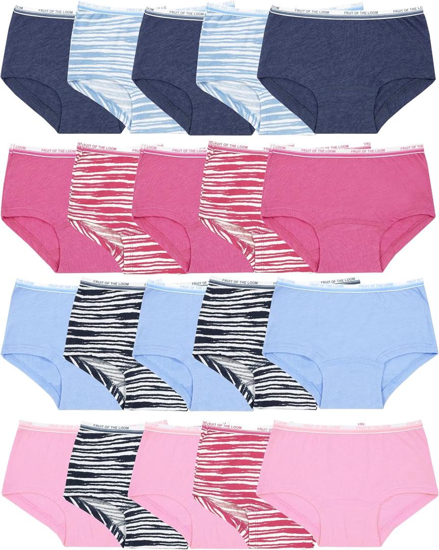 Fruit of the Loom Girls' Cotton Boyshort Underwear, 20 Pack-Fashion Assorted, 14