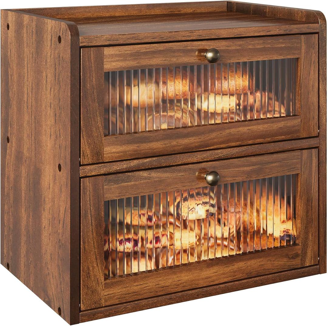 Alpeir Double Layer Large Bread Box for Kitchen Counter, Wooden Corner Bread Storage Container with Acrylic Window, Retro Brown