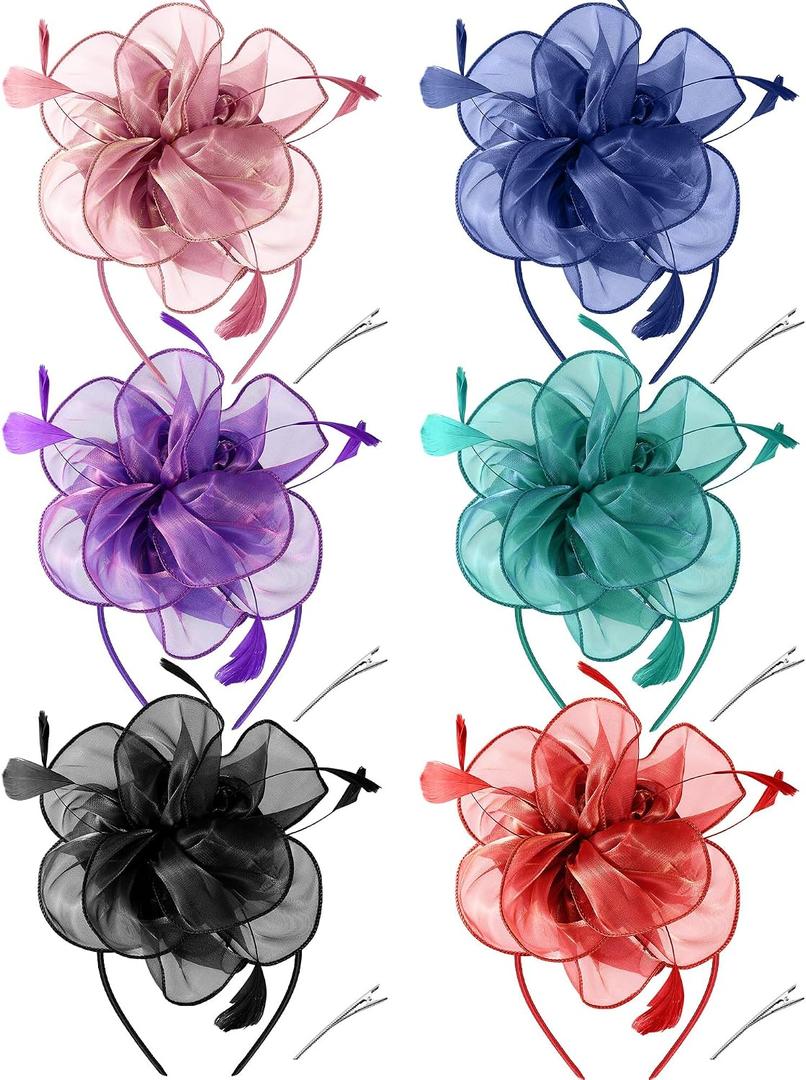 Crowye 6 Pcs Fascinators Hat Tea Party Headwear Ribbons Feather Women Flower Headband Hair Clip for Derby Events Wedding Carnival