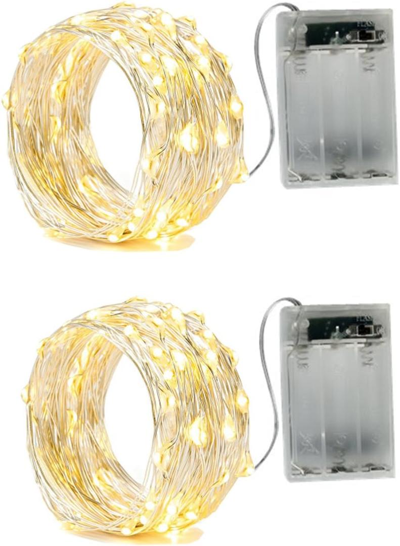 BXROIU 2 x 20LEDs Fairy Lights Battery Operated, Silver Wire 2 Mode Chains String Lights for Bedroom Christmas Party Decoration (Warm White, 6.6)