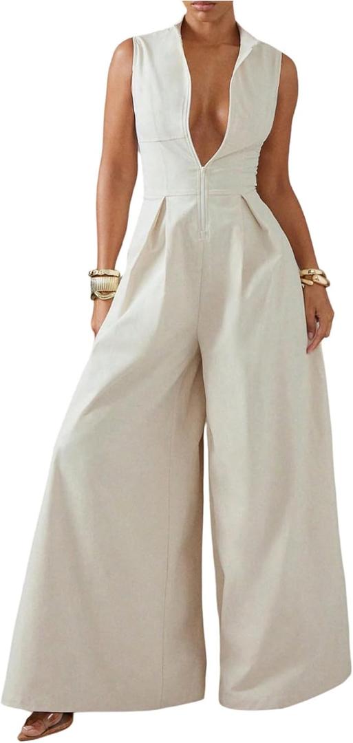 SOLY HUX Women's Zipper Front Wide Leg Jumpsuit Summer Mock Neck Sleeveless Elegant Romper (Large, Plain Apricot)