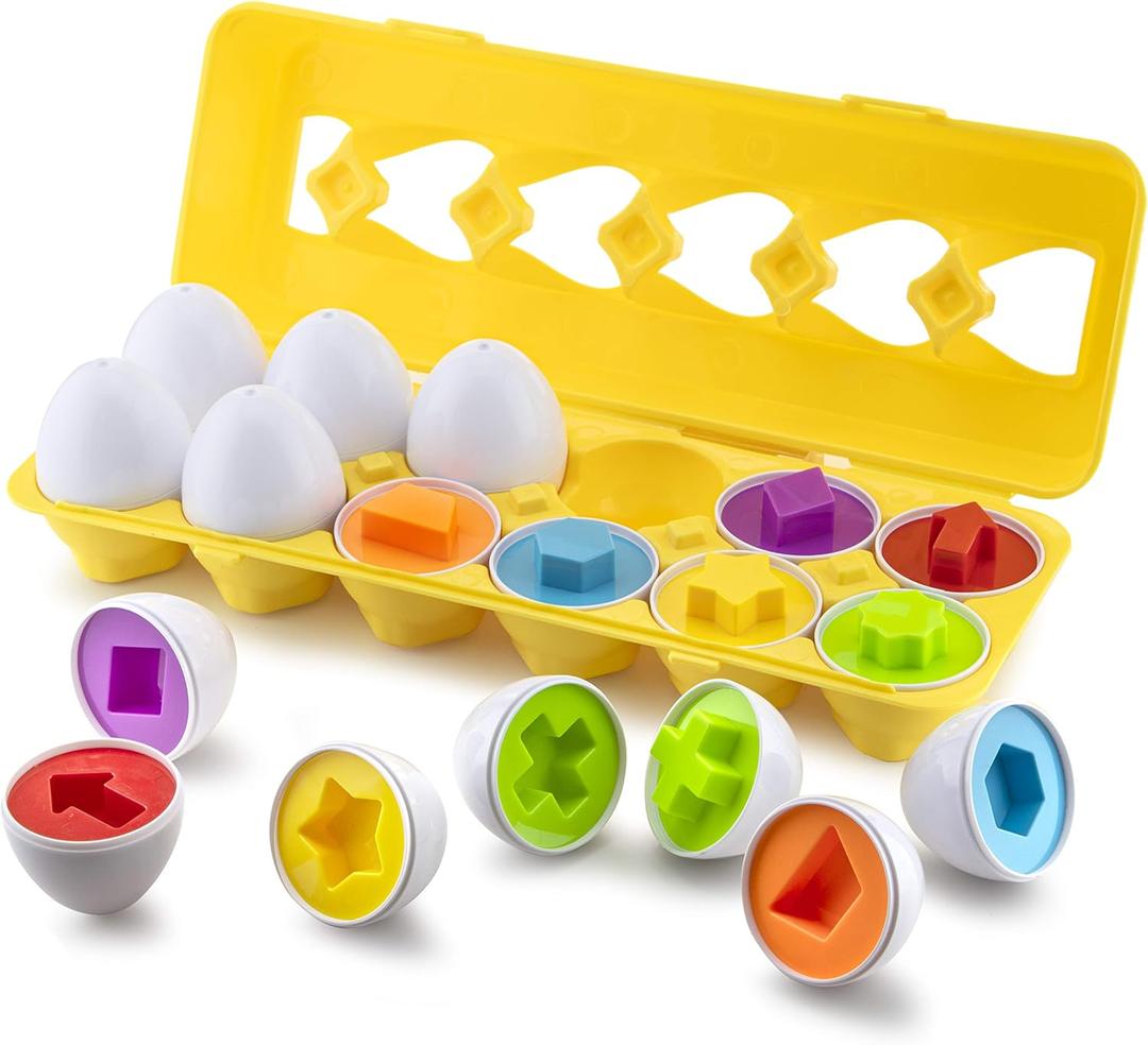 Play Brainy Shape and Color Matching Eggs  Easter Egg Toy  Educational Montessori STEM Toy for Toddlers and Preschoolers  Great for Color and Shape Recognition Development  Set of 12 Shape Eggs,