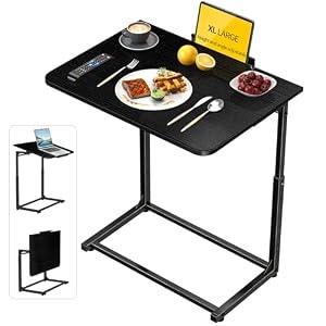 Extra Large TV Dinner Tray Table, Couch & Bed Eating Desk, Snack Tray, Laptop Table Heavy Duty Folding Food Table with 8-Height & 90° Tilt Adjustable, C-Shaped End Table with Phone/Tablet Slot–Black
