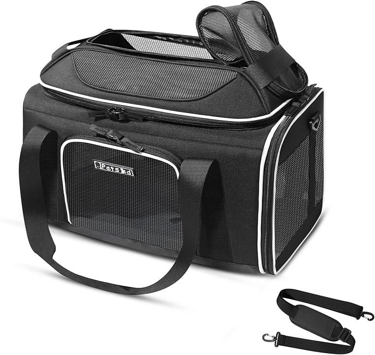 Petskd Top and Side Expandable Pet Carrier 17x11x9.5 Inches Alaska Airline Approved, SoftSided Carrier for Small Cats and Dogs with Locking Safety Zippers and AntiScratch Mesh(Black)