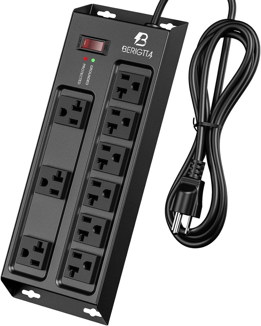 BERIGTTA Heavy Duty Metal Power Strip, 20 AMP Surge Protector with 9 Outlets, 12 Gauge Industrial Strength for Shop & Garage Use, 6 FT Extension Cord Included, Durable TSlot Design (6FT)