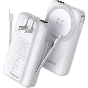 for Magsafe Magnetic Portable Charger, 10000mAh Wireless Power Bank with Built-in Cable & AC Wall Plug, Battery Pack PD 22.5W with Stand, LED Display for iPhone 17/16/15/14/13 Series, Samsung, Pixel (White)