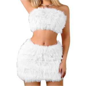 WDIRARA Women's Fuzzy 2 Piece Outfits Bandeau Crop Top Bodycon Mini Skirt Set Party Club Outfits (Large, White)
