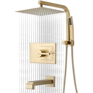 Brushed Gold Shower Fixtures, Gold Shower Faucet Set with 12 Inch Gold Shower Heads with Handheld Spray Combo and Tub Spout, Shower Systems with Rain Shower and Handheld (Valve Included)