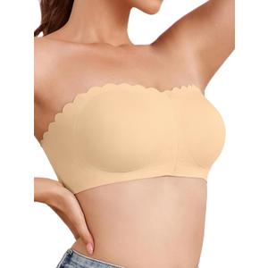 Strapless Bras for Women, Front Closure Anti-Slip Comfortable Bandeau Top, Wavy Edge Padded Bra (Large, Skin)