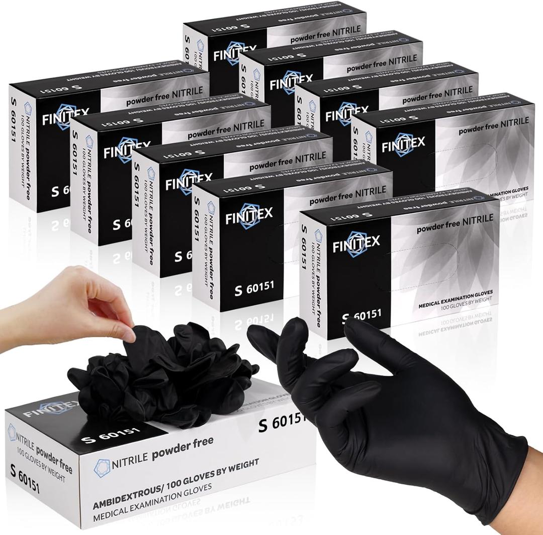 FINITEX - Black Nitrile Disposable Gloves, Exam Gloves, Powder-free, Latex-free, 3mil, Case of 10 Boxes Medium (Pack of 1000)