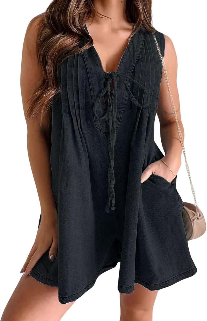yoeasy Women's Sleeveless V Neck Shorts Denim Romper Tie Front Ruffle Cute Loose Jean Short Overalls with Pockets (Large, Black)