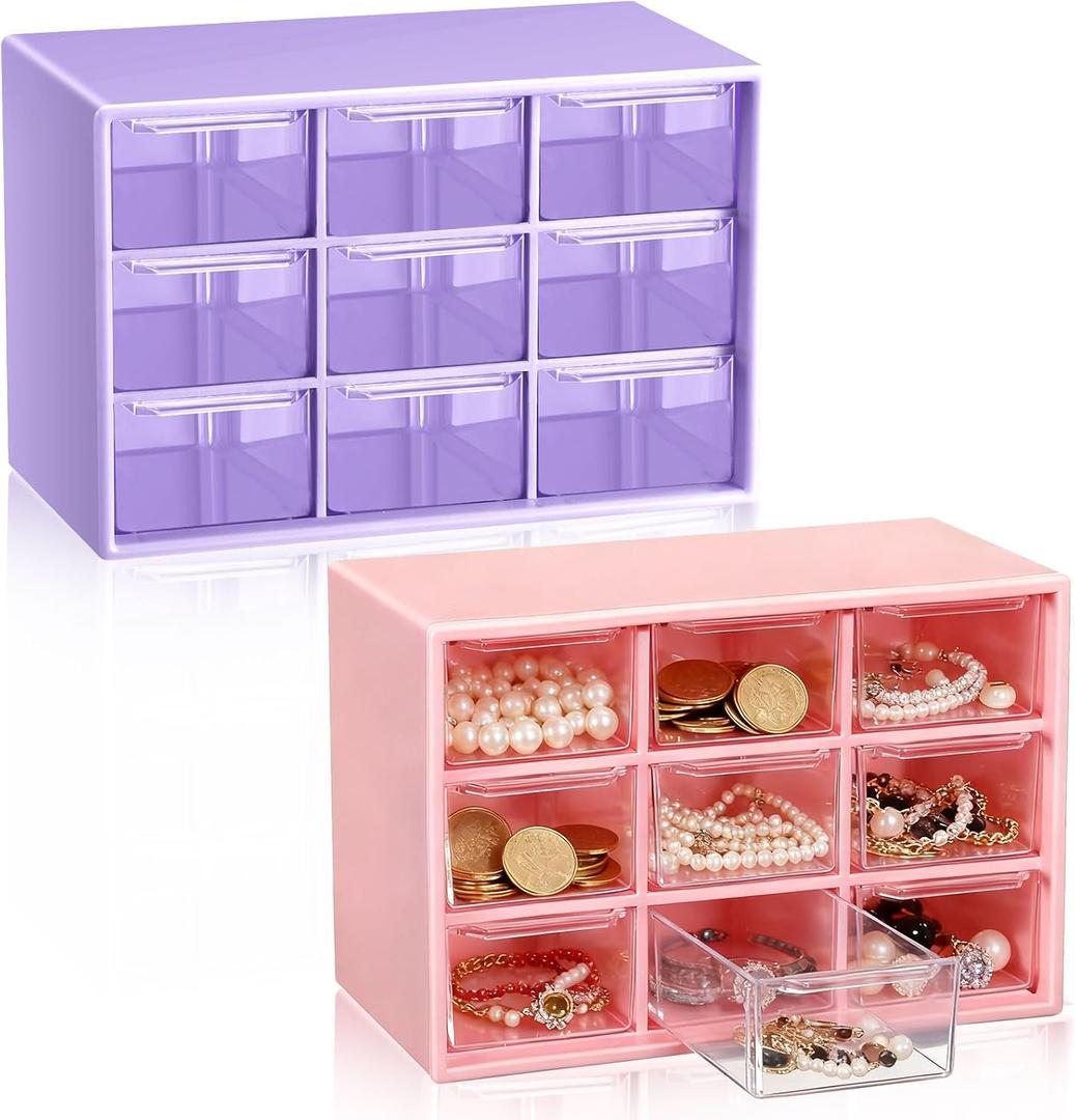 Wenqik 2 Pcs Mini Storage Drawers Teacher Toolbox Organizer with 9 Clear Drawers Small Plastic Desktop Teacher Desk Craft Organizer for Classroom Office 7" x 3. 9" x 4. 7" (Purple, Pink)