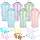 12 Pack 15oz Plastic Snowglobe Tumbler and Star Sunglasses Colorful Double Wall Plastic Cup with Straw Reusable Summer Cold Drink Travel Cup for Office Pool Party Gifts