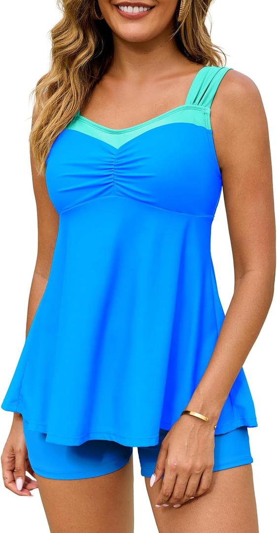 HUSKARY Tankini Swimsuits for Women Tummy Control Two Piece Bathing Suit Flowy Swim Tank Top with Boyshorts (24 Plus, Blue Colorblock)