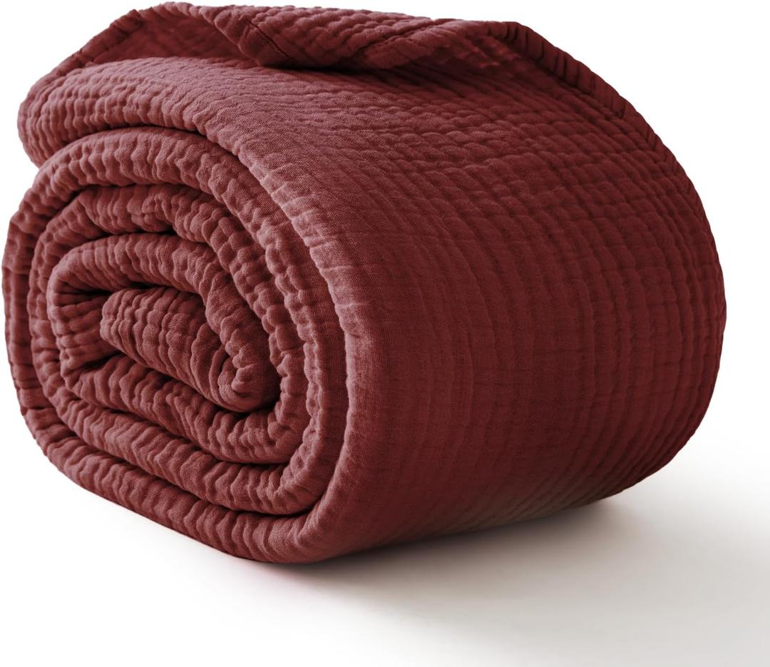 100% Cotton Muslin Blanket Twin 66" x 90", 6 Layers Breathable and Lightweight Cotton Blankets for Couch, Soft Cooling Summer Gauze Blanket for Adults All Season, Burgundy, Twin Xl