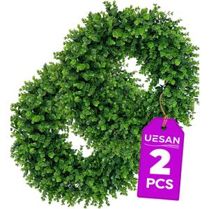 2Pcs 24" Artificial Boxwood Wreaths for Front Door, Aux Round Boxwood Wreath, All Season Indoor Outdoor Decoration for Windows, Porch, Wall, Wedding & Home Decor