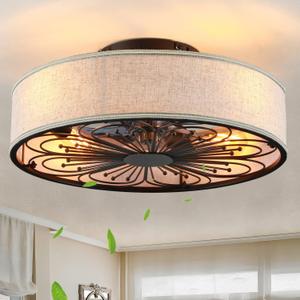 20" Boho Rattan Caged Ceiling Fan with Light, Low Profile Flush Mount Bladeless Ceiling Fan with Remote Control, 6 Speeds Reversible Silent Motor, Farmhouse Fabric Fandalier for Bedroom, Living Room
