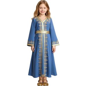 OBEEII Girls Muslim Ramadan Abaya Kids Long Sleeve V Neck Lace Prayer Dress Middle East Arabic Kaftan Dress with Belt, 10-11Y