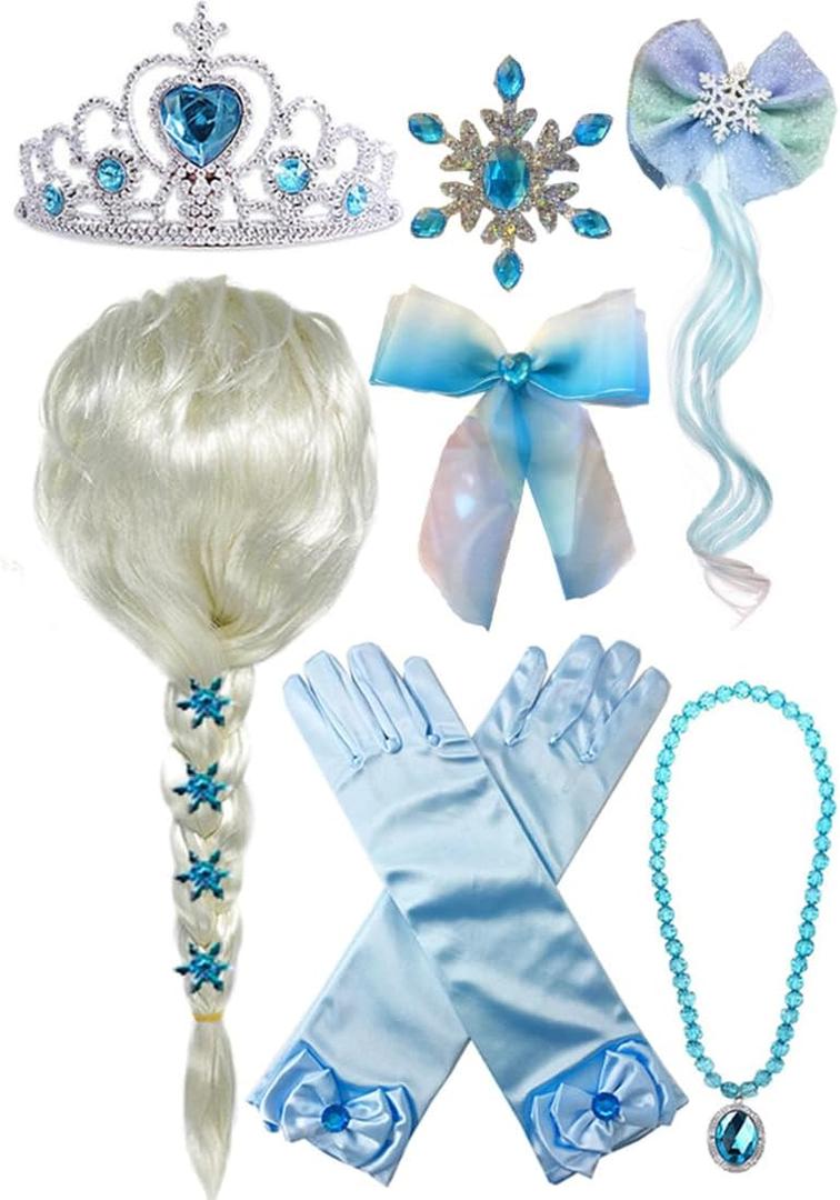 Princess Wig Braid with Tiara Necklace Gloves Princess Dress Up Costume Cosplay Accessories for Kids Girls