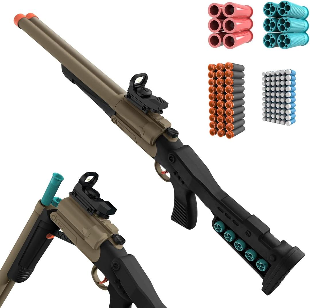 Double Barrel Shotgun Toy with Ejecting Shells and 90 Soft Bullet Darts, Toy Foam Blaster with Scope for Boys, Youth, Teen (Black)