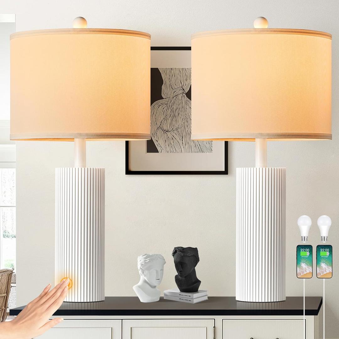 24.5" White Lamps Set of 2, Modern Table Lamps for Living Room with USB C+A Ports, Creative Stripe Touch Lamps for Nightstand, 2 Bulbs Included