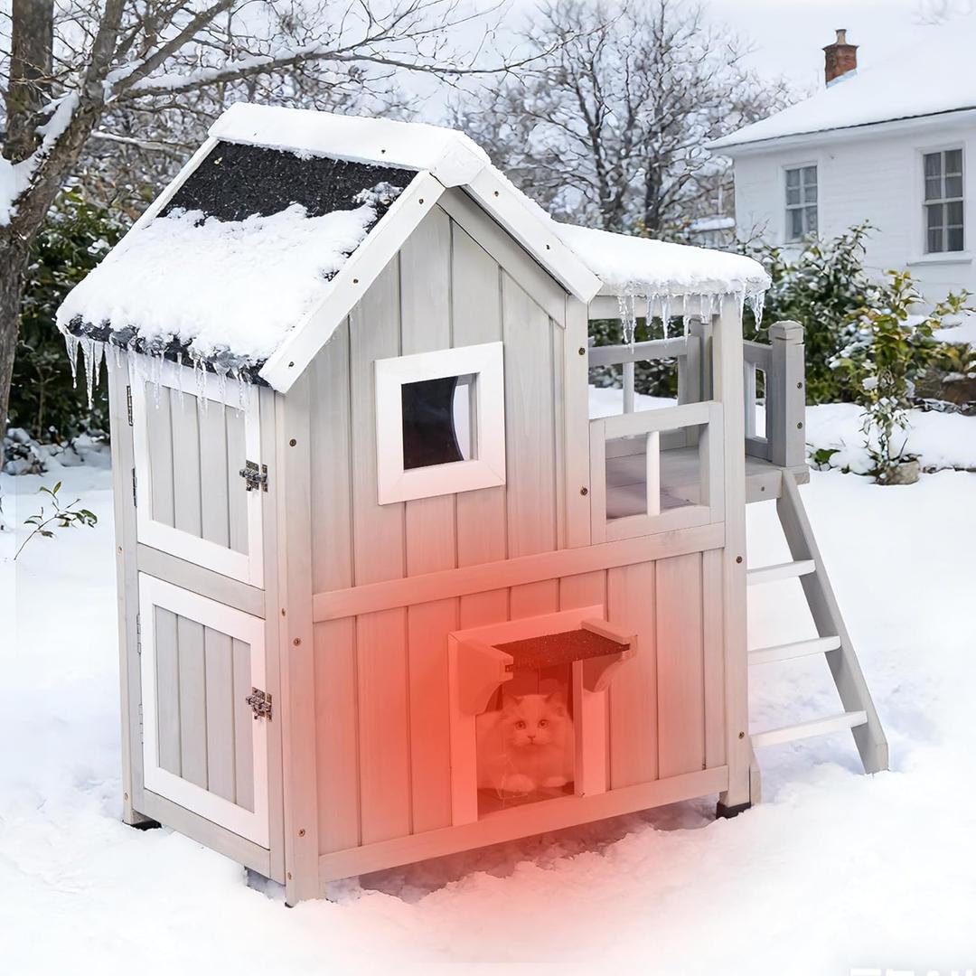 36.64L Outdoor Cat House with Weatherproof Roof, 2 Story Wooden Shelter with Balcony & Ladder,Wild Cat Shelter with 2 Escape Door 2 Lockable Rest Rooms, Large Outside Enclosures for Stray Cat