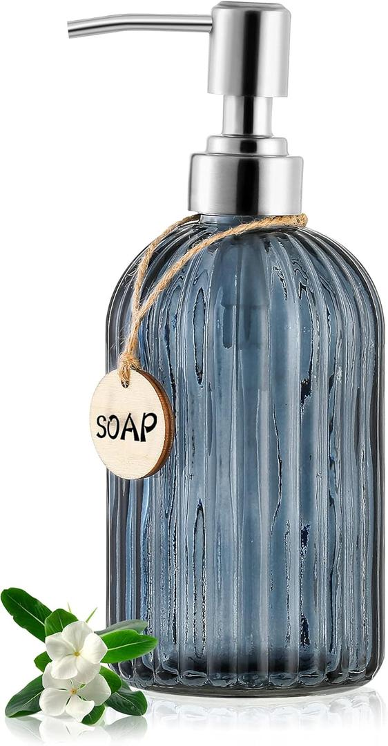 MOCLIF 16 OZ Soap DispenserTempered Glass Clear Vertical Stripe with 304 Rust Proof Stainless Steel Pump Refillable Liquid Hand Soap Dispenserfor Bathroom, Kitchen, Dish SoapLotion (Blue Grey)
