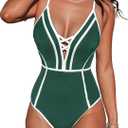 CUPSHE Women's One Piece Swimsuit Plunging V Neck Bathing Suit Crisscross Back Tie Slimming Sculpting Color Block (Green/White) L