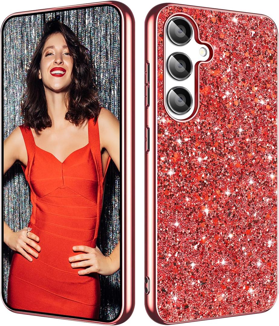 Galaxy A15 Glitter Case for Samsung Galaxy A15 5G Phone Case for Women Girls, Slim Ultra Thin Matte Back Shockproof Protective Cover for Samsung A15 5G, 6.5" Crystal Bling Case (Red)