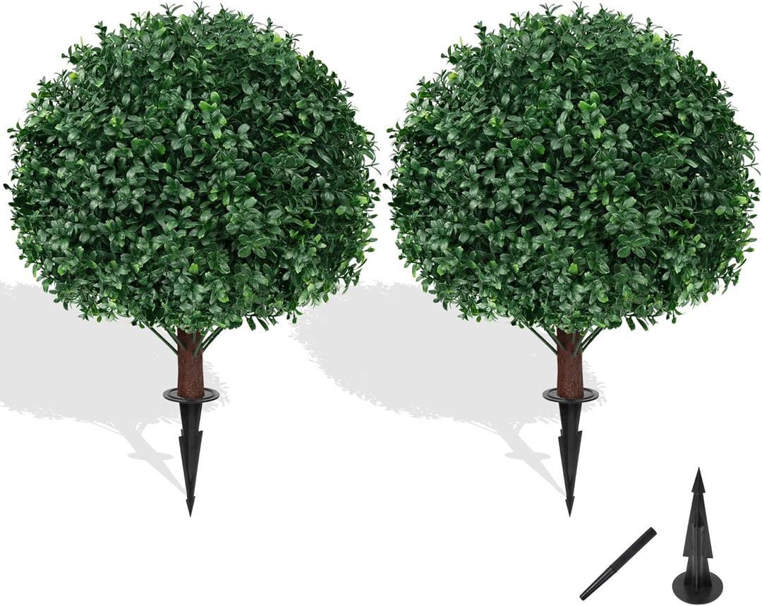 Artificial Boxwood Topiary Ball Tree with Ground Spike, Set of 2 Artificial Shrub Bushes, Fake Evergreen Tree for Porch, Artificial Plants for Outdoor Planters Indoor UV Resistant