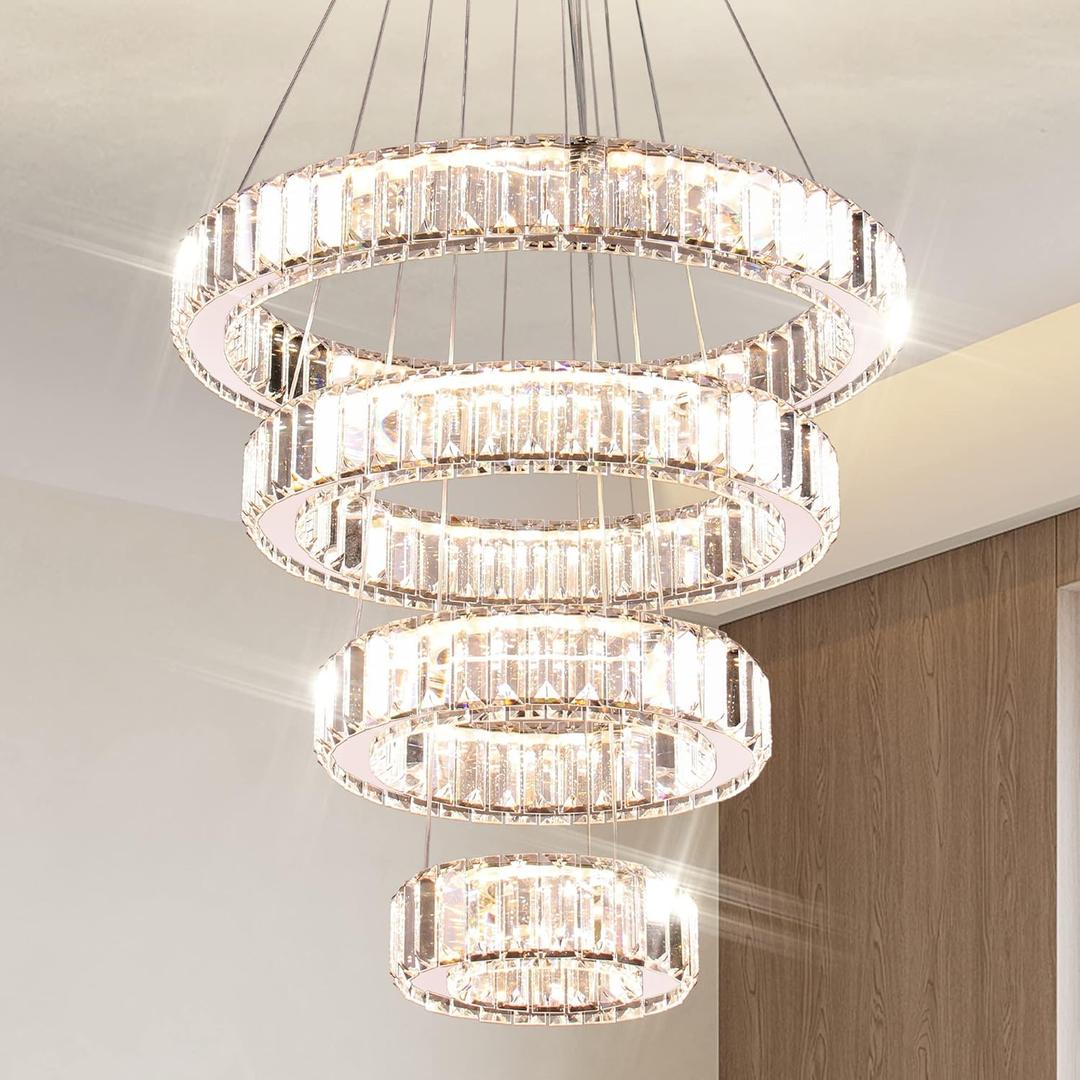 Modern Crystal Chandeliers 4 Ring LED Crystal Pendant Light DIY Adjustable High Chandelier for Dining Room Living Room Bedroom (3 Color Changeable) (Chrome-Multi Color)