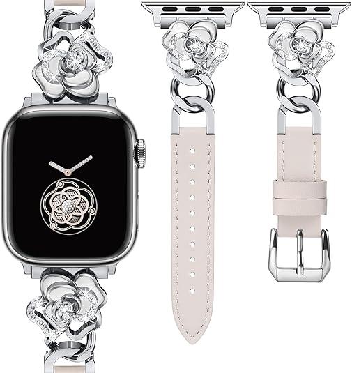Minyee Compatible with Apple Watch Band 42/41/40/38/44/45/46/49mm Women, Dressy Slim Elegant Leather Metal Chain Strap with Bling Camellia Charms for iWatch Series 11 10 9 8 7 6 5 4 SE/Ultra 3 2 1